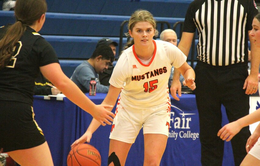Northwest junior Gabby Meyer (15) scans the defense during the W-K Holiday Shootout game against Bunceton with Otterville on Saturday, Dec. 28, at State Fair Community College. Meyer finished the game with 31 points.   Photo by Jack Denebeim | Democrat