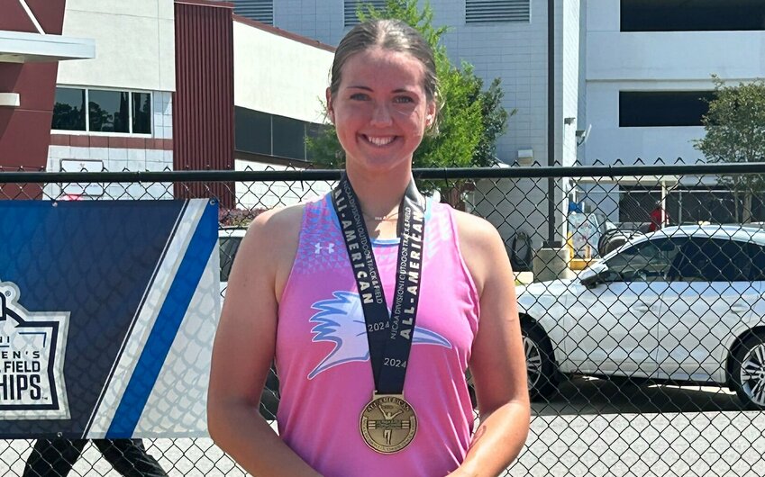 State Fair Community College freshman Bailey Haselhorst celebrates placing sixth in the women&rsquo;s javelin throw at the NJCAA Division I Outdoor Track and Field National Championships Saturday, May 18. Haselhorst set a personal record with her throw of 44.71 meters (146 feet, 8 inches) to earn the All-American title.   Photo courtesy of Brad Hagedorn