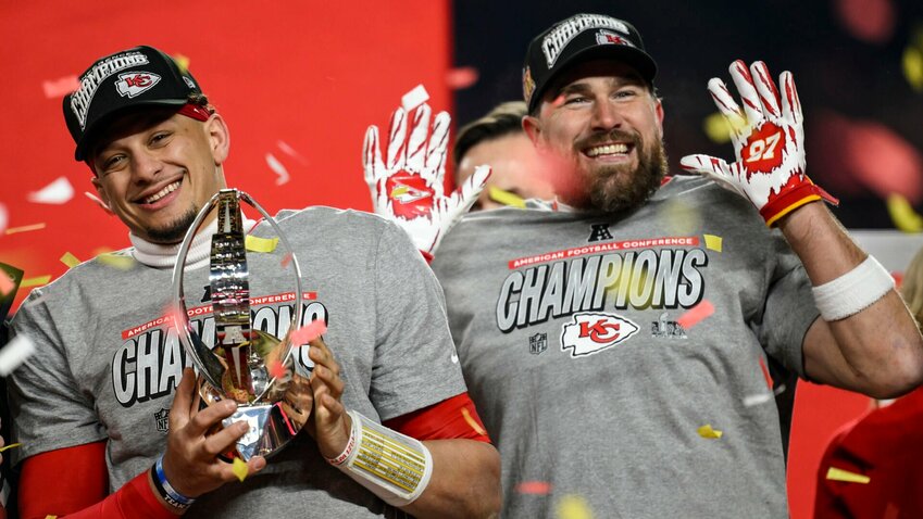 Kansas City Chiefs quarterback Patrick Mahomes and tight end Travis Kelce celebrate victory against the Buffalo Bills after the AFC Championship NFL football game, Sunday, Jan. 26, 2025, in Kansas City, Mo.


Photo by Reed Hoffmann | AP Photo