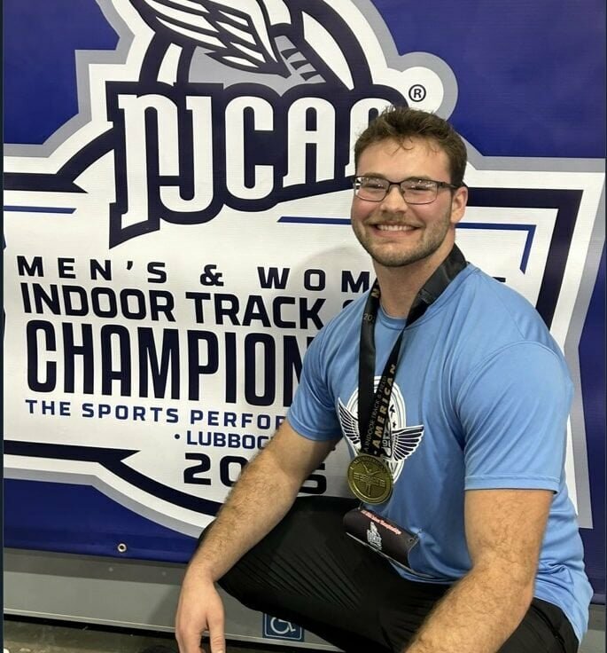 State Fair Community College sophomore Isaiah Waller celebrates placing seventh in the weight throw and earning All-American honors at the NJCAA Division I Indoor Track and Field Championships on Friday, March 7, in Texas.   Photo courtesy of SFCC Track and Field