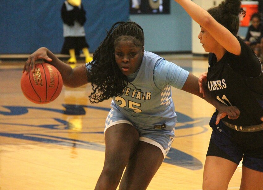 State Fair Community College sophomore Kayla Sullivan (25) posts up against a Crowder College defender during the Region 16 Tournament semifinal game on Tuesday, March 11. Sullivan had a game-high 23 points on the night, 11 of which came in the fourth quarter.&nbsp;   Photo by Jack Denebeim | Democrat
