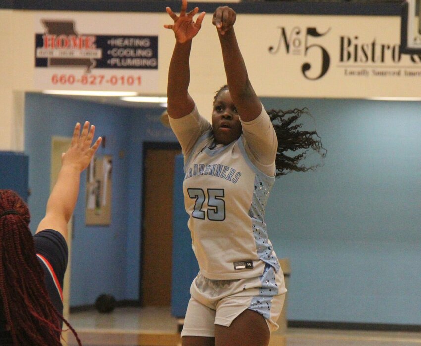 State Fair Community College sophomore Kayla Sullivan hits a 3-pointer during the game against Jefferson College on Wednesday, Jan. 29, at the Fred E. Davis Multipurpose Center. Sullivan scored 21 points and drained the go-ahead 3-pointer in the Region 16 Tournament Championship Game on Friday, March 14, to help the Lady Roadrunners upset Three Rivers Community College 73-70.   File photo by Jack Denebeim | Democrat