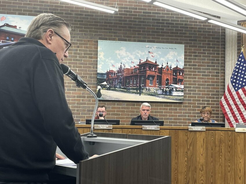 David Goodson addresses the Sedalia City Council &nbsp;during the Good and Welfare portion of the Monday, March 17, meeting as Tom Oldham, Chris Marshall and Tina Boggess listen.   Photo by Chris Howell | Democrat