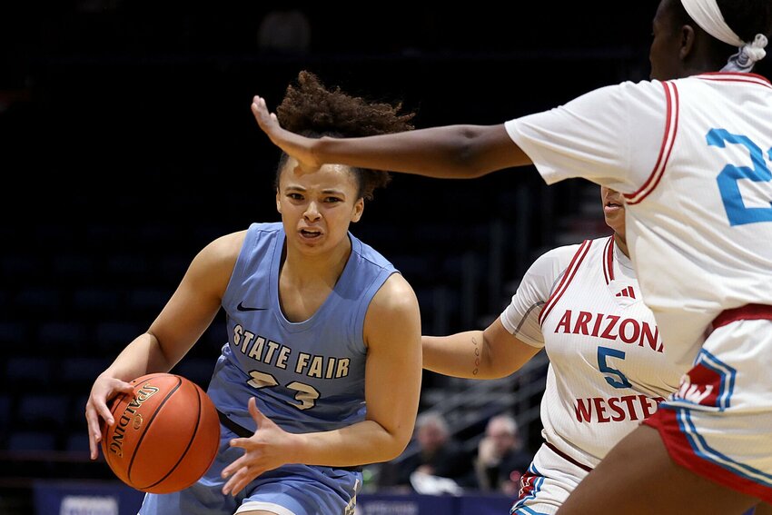 State Fair Community College sophomore Madison Johnson (23) drives to the basket during the NJCAA DI Women's Basketball National Tournament game against Arizona Western on Tuesday, March 25, in Casper, Wyoming.   Photo by Andrew Towne | Casper Star-Tribune&nbsp;