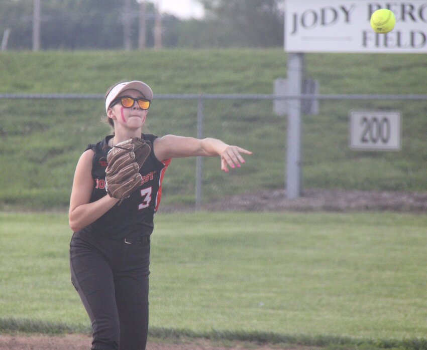 Northwest's Mary Walker tosses the ball to first for an out during the Class 1 sectional game against Concordia last season.   File photo by Jack Denebeim | Democrat