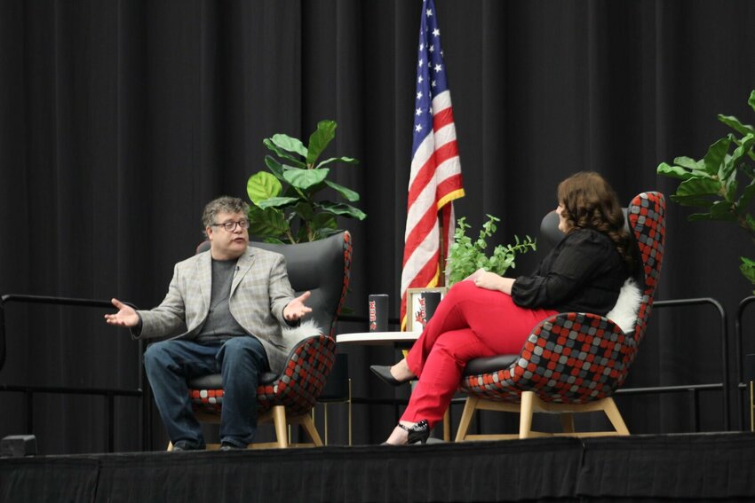 A large crowd of movie-goers and University of Central Missouri students and staff fill the floor and stands on Saturday, April 12, at the Jerry M. Hughes Athletic Center.