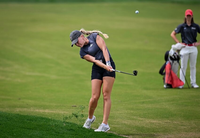 Sedalia native Kiser Pannier hits her ball during a Missouri State University women&rsquo;s golf meet last season. Pannier placed in a tie for seventh during the Missouri Golf Association&rsquo;s Women&rsquo;s Amateur Championship on Thursday, June 19.