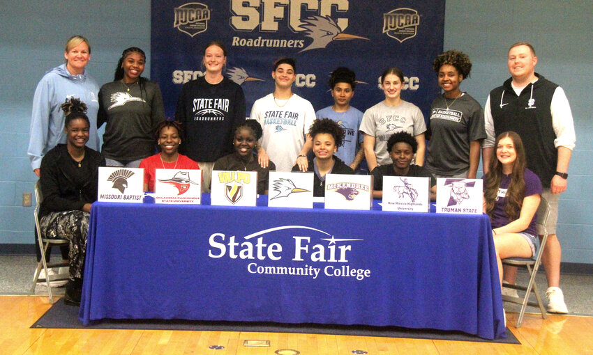 State Fair Community College women&rsquo;s basketball celebrates six players who signed letters of intent to four-year schools on Thursday, May 8, at the Fred E. Davis Multipurpose Center. The six, sitting from left to right, are Nevaeh Hill, La&rsquo;Tommas Johnson-Nash, Kayla Sullivan, Madison Johnson, Kimora McClure and Malia Rodgers.