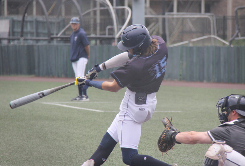 State Fair Community College sophomore Dayne Wimberly hits the ball during the Region 16 sub-region game against Metropolitan Community College on May 3.