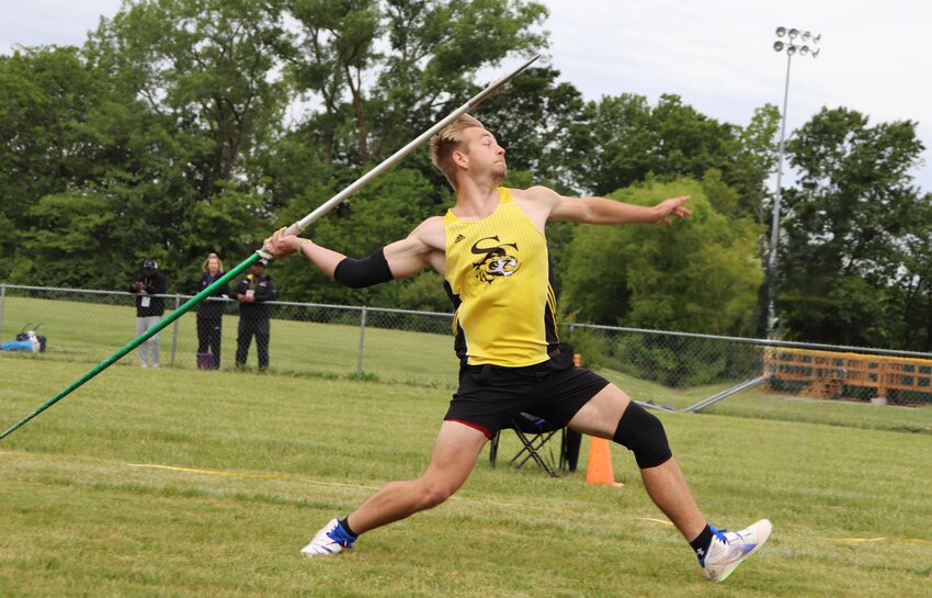 Smith-Cotton senior Dalton Perry throws his javelin during the Class 5 Sectional 2 meet on Saturday, May 24, at Rock Bridge High School.
