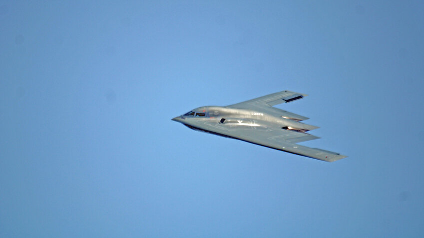 A B-2 Spirit flies over Wings Over Whiteman on Saturday, July 13, 2025 at Whiteman Air Force Base.