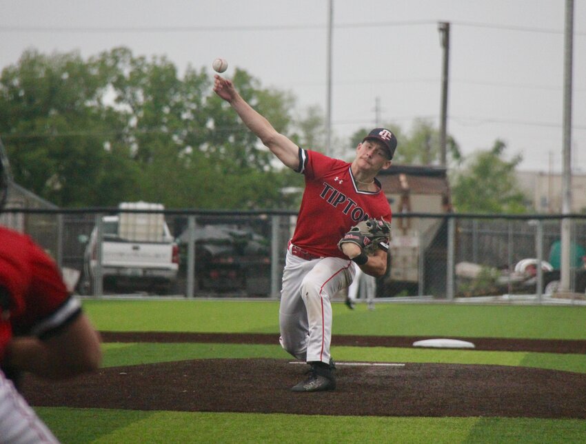 Tipton&rsquo;s Lucas Cashman pitches the ball during the Class 2 sectional game against Concordia on May 26. Cashman received the third All-State nod of his career on Monday, June 16.