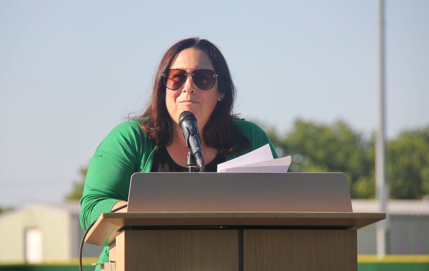 Sedalia Parks and Recreation Director Amy Epple addresses the crowd at the grand re-opening of Liberty Park Stadium on Thursday, June 19.