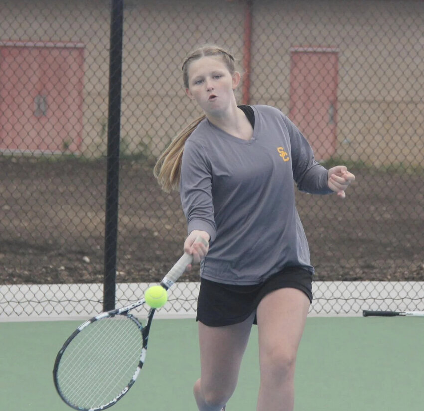 Smith-Cotton's Gretchen Beard hits the ball during a tournament in 2024. Beard placed fourth in the varsity girls sin...
