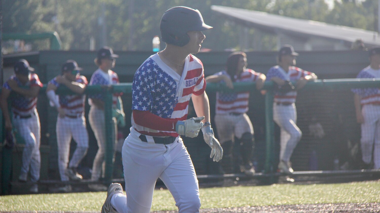 Sedalia Post 642 AUX's RJ Hladik runs to first base after recording a hit during a game against Moberly's Mid-Missouri Bearcats on Wednesday, July 1, at Liberty Park Stadium.