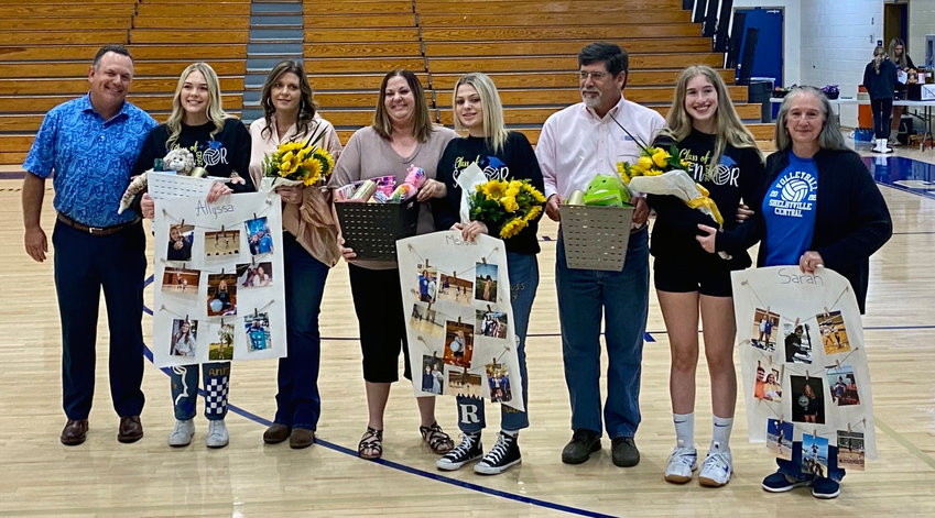 Shelbyville Central volleyball seniors (from left) Allyssa Mcbay, Melissa Taylor and Sarah Beth Hallum were honored on Senior Night against Forrest on Tuesday evening. The Eaglettes won the match, 3-0. The Eaglettes took the first two sets, 25-13, and finished the match with at 25-15 third set win.