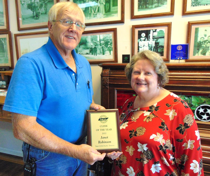 Bell Buckle Mayor Ronnie Lokey recently presented town clerk Janet Robinson witha Tennessee Association of Municipal Clerks and Recorders award. After nearly 30years of service in the railroad town, Robinson has been named TAMCAR Clerk of the Year