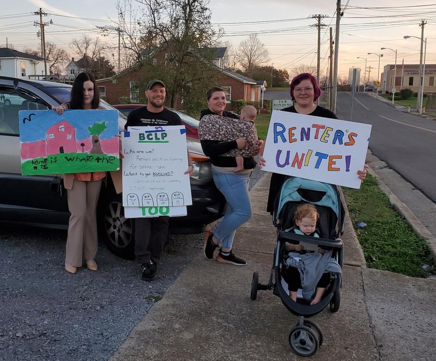 Members of BCLP advocating for renters. From left, Shelbyville city council member Stephanie Isaacs, Tristan Call, Cara Grimes, and another local resident.