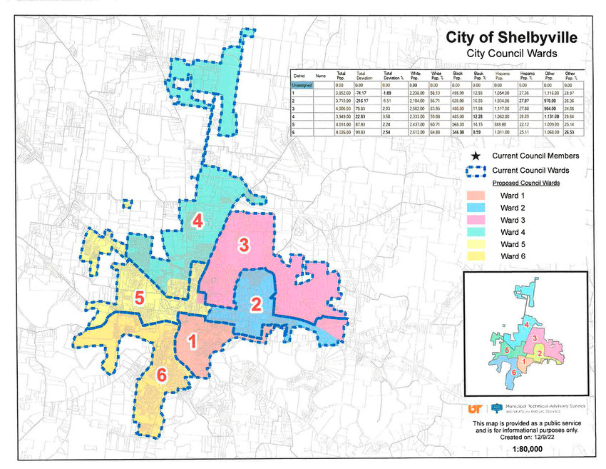 This map shows an overall view of Shelbyville&rsquo;s six City Council wards with proposed changes overlaid. (Click images to enlarge.)