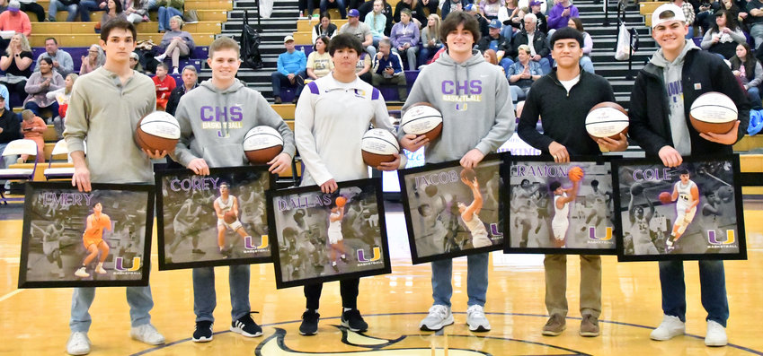 Six Vikings were honored in festivities on Senior Night. &nbsp;From left are Emery Smith, Corey Paterick, Dallas Grooms, Jacob Flannagan, Ramon Hernandez, and Cole Crockett.