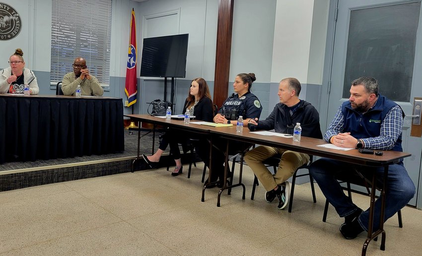 Some members of the Joint Homeless Task Force. From left, Misty Pellar, Gary Haile, Stephanie Isaacs, Officer Letisia Diaz, and pastors Jeff Rasnick and Jimmy West.