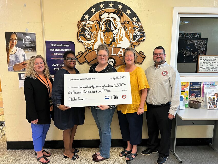 1.From left: BCS Grants Supervisor Tiffany Swain; BCLA Principal Dr. Janolyn King; BCLA Teacher Amanda McBride; TVA Community Relations Specialist Dr. Lori Brown; Shelbyville Power, Water &amp; Sewer Systems General Manager Jason Reese.