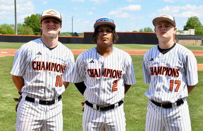 Prior to first pitch on Saturday against Stewarts Creek, Cascade honored its three seniors for their efforts in a Champion uniform. Those honored were (from left) Chance Brown, Jaxon Sheffield and Noah McGeary.