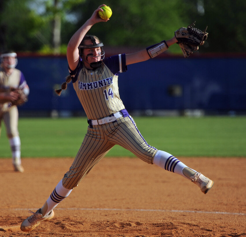 Freshman pitcher Annie Prince winds up and delivers a pitch against Forrest in a key district matchup.