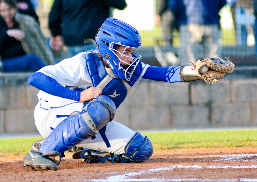 Shelbyville Central sophomore Mason Shavers frames a called strike on the Eagles matchup with district foe Coffee County on Monday night.