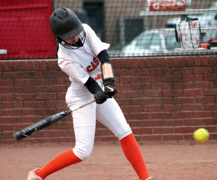 Kyndal Bolden reaches down to make contact with the ball for a leadoff double in the sixth inning against Blackman.&nbsp;
