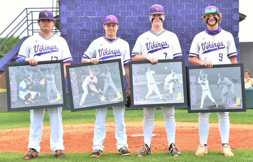 Four Community seniors were recognized on Senior Recognition Day on Saturday. Those honored are (from left) James Beech, Corey Paterick, Blaine Paschal and Mason Russell.&nbsp;Not present was senior Dallas Grooms.