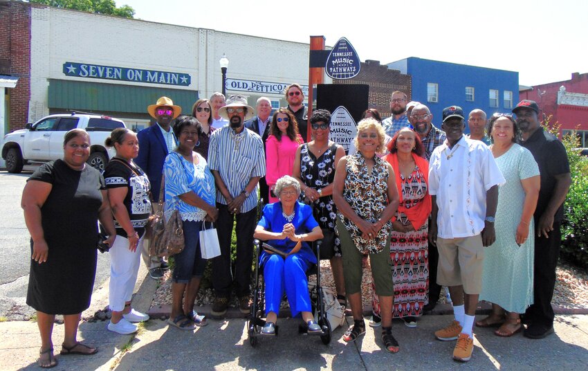 Friends and relatives of Jimmy Cleveland at the unveiling of the sign provided for by the Tennessee Department of Tourist Development&rsquo;s Tennessee Music Pathways program