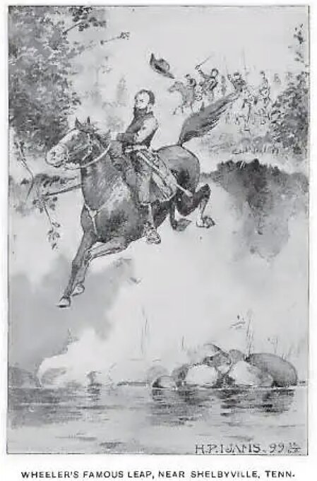 Major General Joseph Wheeler&rsquo;s cavalry jumping off Skull Camp Bridge as depicted by Harper&rsquo;s Weekly.