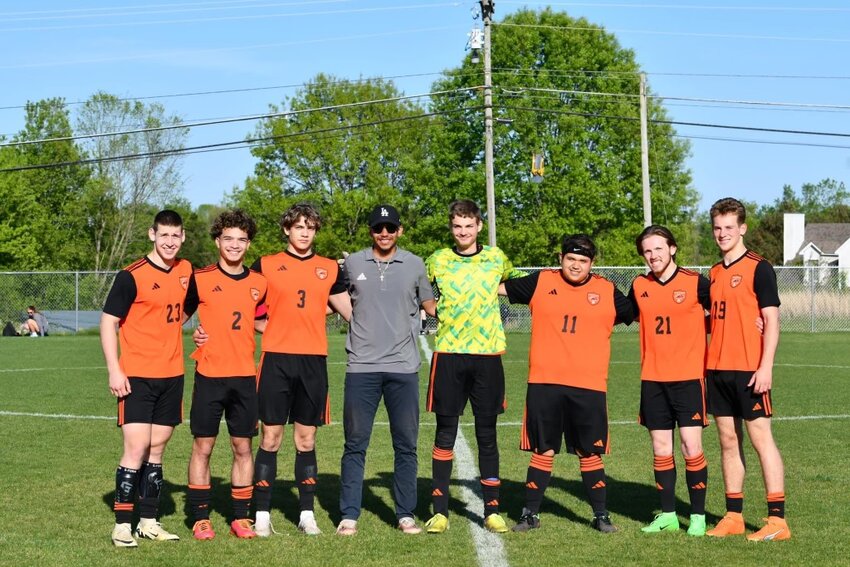Cascade Soccer Seniors (from left to right), Isaac Chapa (23), Ivan Draine (2), Stone Maldonado (3), Nick Harris (goalkeeper), Oscar Padilla (11), Chase Sutter (21) and Hayden Dowell (19) were honored last week before their win over Marshall County.
