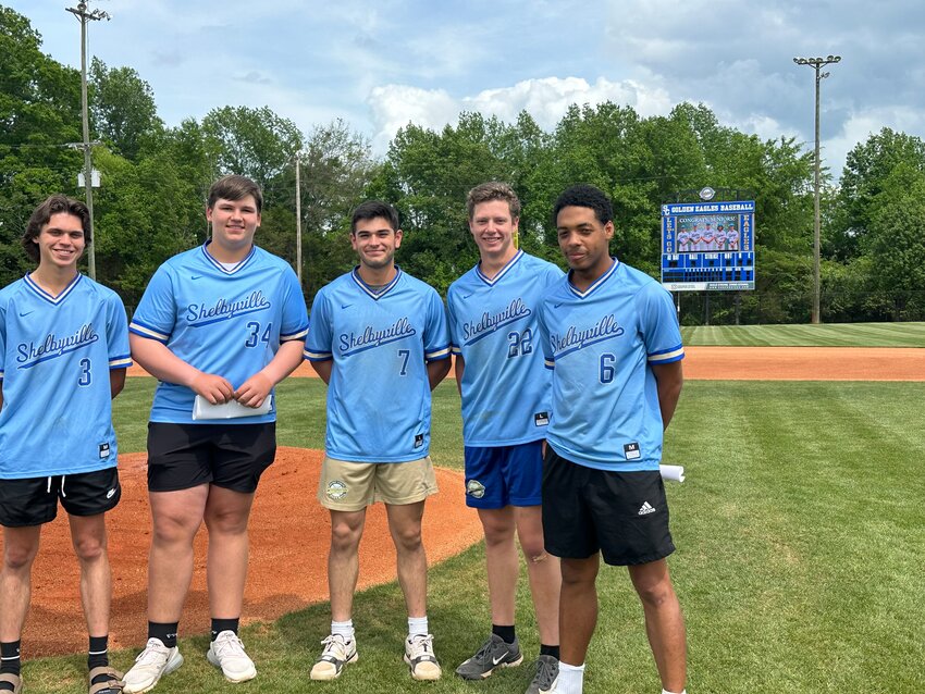 All five SCHS Baseball seniors, from left to right: Nick Hopper (3), Parker Burks (34), Nick Johnson (7), Carston Williams (22), and Kyler Trice (6) were honored before Monday night’s 6-2 win over Lawrence County.