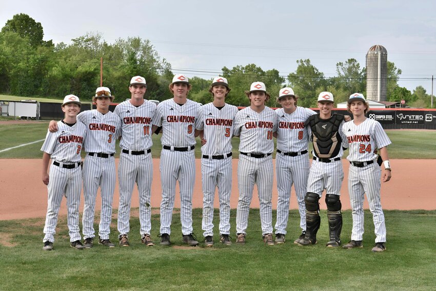 Cascade Baseball Seniors (from left to right), Caden Hammonds (2), Logan Green (3), Zach Crosslin (11), Walker Craig (9), Connor Melson (5), Sawyer Lovvorn (19), Luke Harris (8), James Magee (16), and Logan Pulley (24) were recognized prior to game two against Marshall County on Monday.
