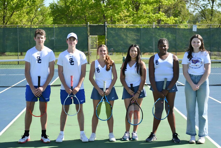 All six Seniors on the Shelbyville Central Tennis Team (left to right), Hoyt Wessner, Jackson Benson, Caitlyn Burdick, Evelyn Basurto, Ryann Gary, and Anabel Leigh, were recognized for Senior Night before last Wednesday&rsquo;s match.