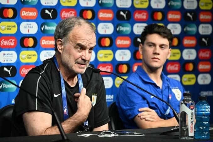 Uruguay Manager, Marcelo Bielsa (center), had some choice words about the state of soccer after his team’s win over Brazil last week.