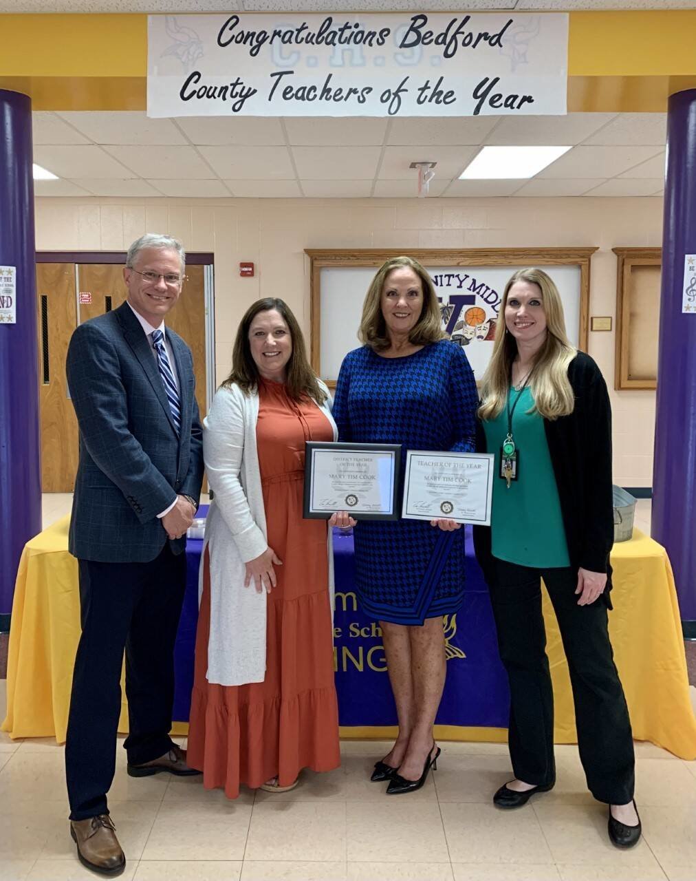 Recently attending a Bedford County teacher appreciation reception at Community Middle, from left, Tim Harwell, assistant school superintendent; Tammy Garrett,  school superintendent; Mary Tim Cook, District Teacher of the Year, Southside Elementary School; and Stefanie Norton, Southside Elementary principal.