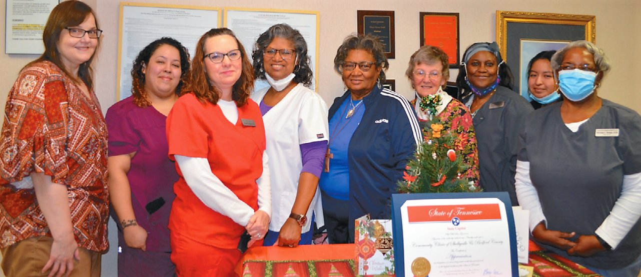 Linda Fisher of Community Tennessee Rehabilitation Center (CTRC) recently presented Community Clinic staff
with a certificate of appreciation for their work with participants in the pre-employment program. From left, Fisher;
Marlene Maldonado, assistant medical receptionist; Nicole Campbell, PA; Janice Brandon, RN; Fredia Lusk, executive director; Judy Cochrane, RN and volunteer nurse since the clinic’s inception in 2003; Pat Simmons, medical
receptionist; Monica Rodriguez, Spanish translator; Brenda C. Hodge, RN, assistant clinic nurse.