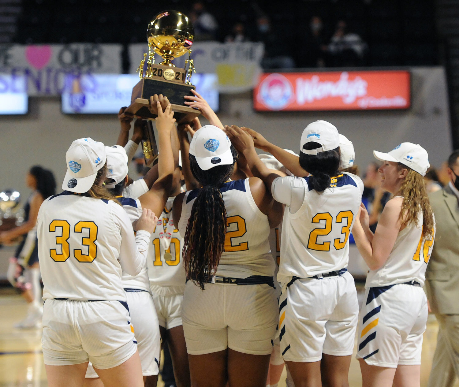 The Webb Lady Feet hoist their state championship trophy after defeating PCA on the campus of Tennessee Tech earlier this season.