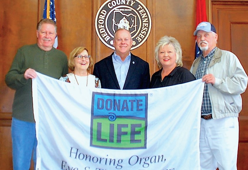 Organ donation is particularly an important program to these folks in Bedford County: From left, John Clayton, a kidney recipient in 2013; Pam Cooper, liver recipient in 1991, kidney twice in 1997 and2015; Bedford County Mayor Chad Graham who supports the program in many ways; Donna Orr, family recipient and ambassador for the county’s organ donation program; and Wayne Carter, heart recipient in 2005.