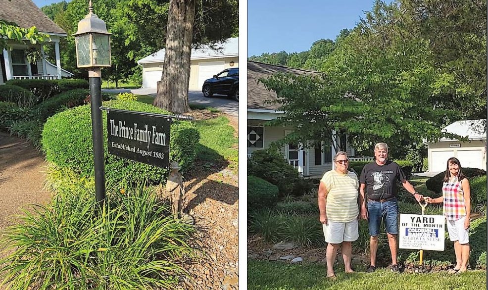 The Normandy home of Ricky and Kay Prince is no doubt worthy of “Yard of the Month.”
The two do a lot of work in the yard to keep it beautiful. Nancy Ayers, left, surprised Ricky and Kay Prince of Normandy recently with a “Yard of the Month” honor. The award is sponsored by Shelbyville-Bedford County Chamber of Commerce’s beautification committee and Coldwell Banker-Segroves/Neese.