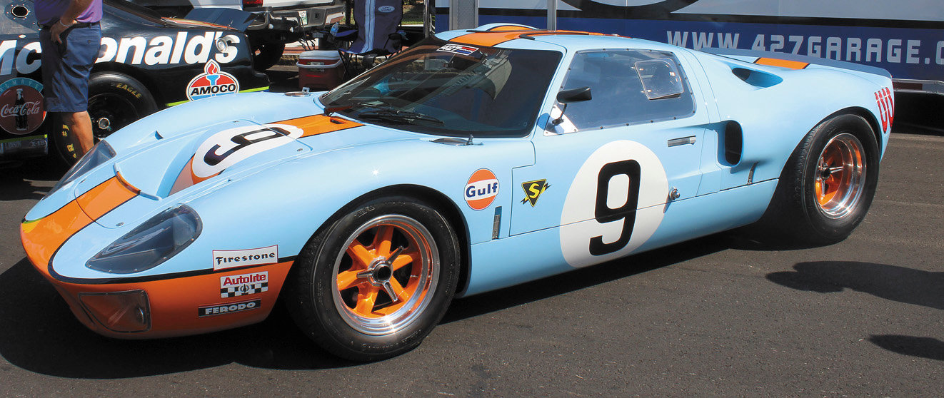 This Ford GT, done up in racing colors, is an example of those that broke up European manufacturers’ dominance of road racing in the 1960s.