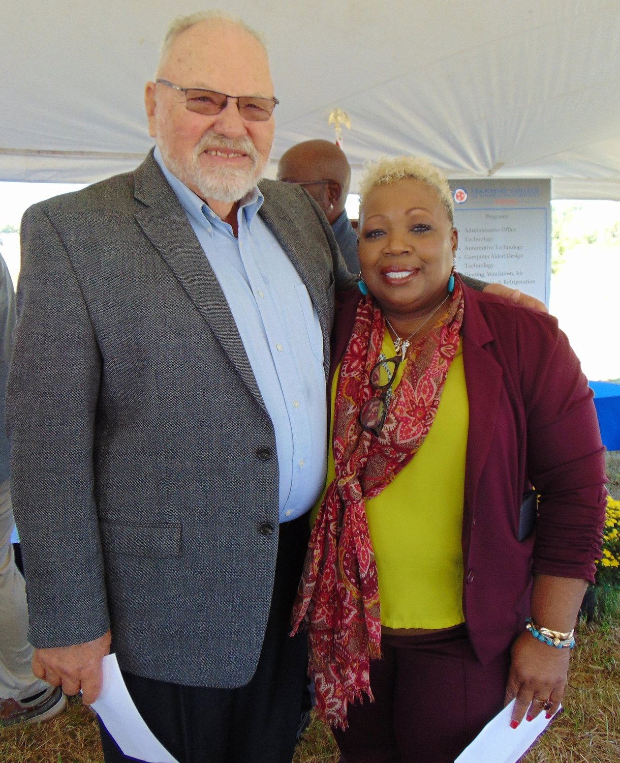 Former TCAT educator and director Ron Adcock, spends a moment with Brenda Cannon, director of community relations at Motlow College, during Friday’s TCAT-Shelbyville groundbreaking event.
