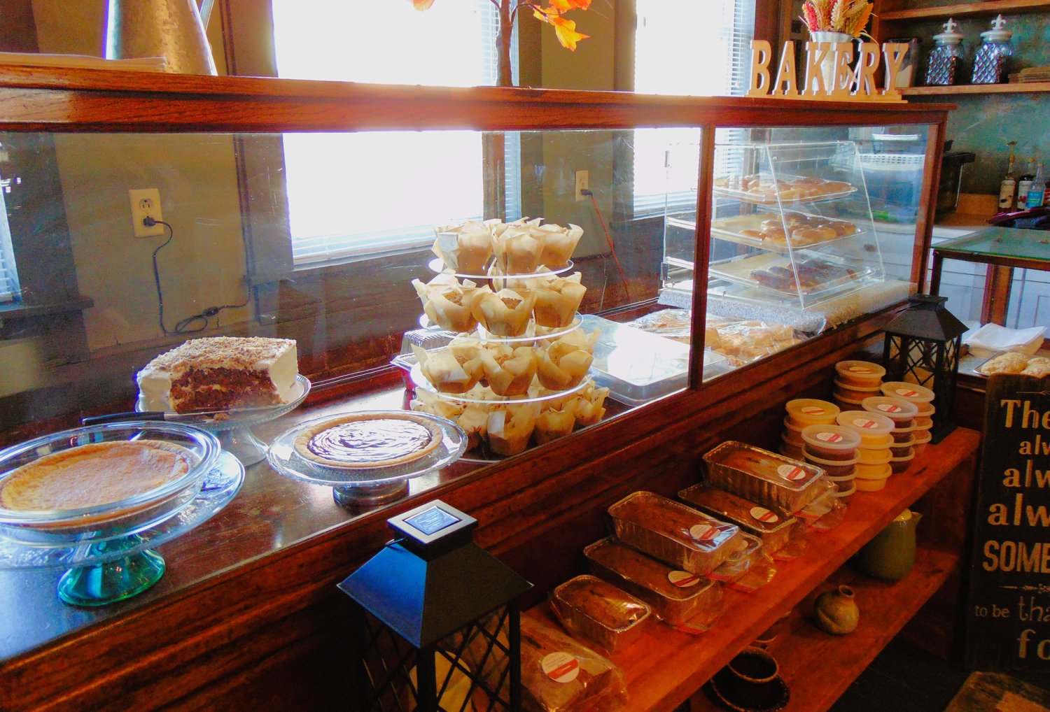 Becky has ready on hand a variety of cakes, pies,
donuts, muffins, and more.