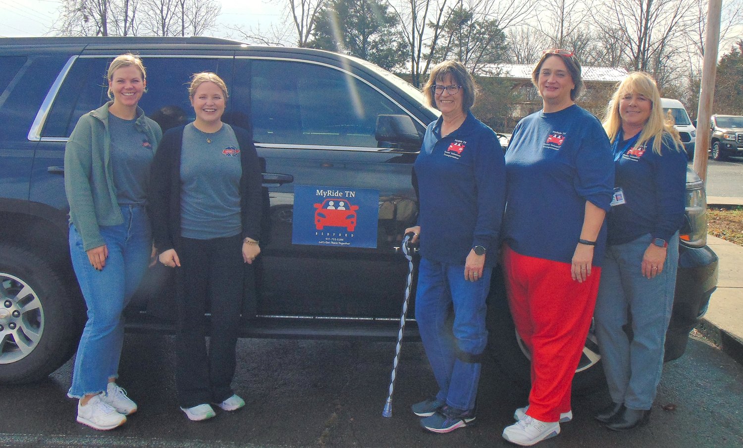 From left, First Lady’s Communications Director Sutherland Shrader, Director of Policy & Special Projects Ella Watkins, MyRide Bedford coordinator Robin Vaickus, Shelbyville Senior Center Director Sonia Miller, and Assistant Director of Aging & Disability Programs Robin Rochelle.
