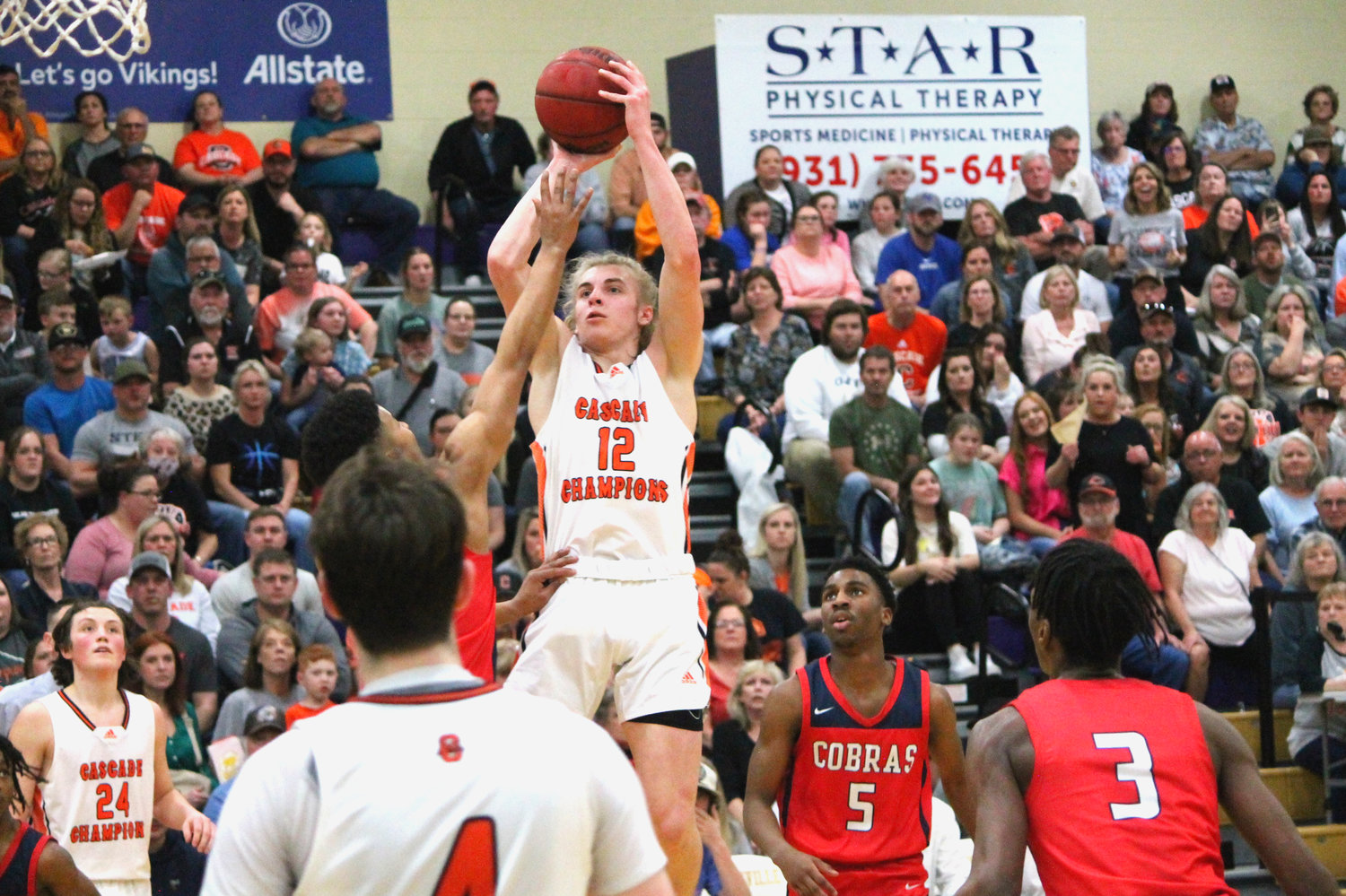 Lucas Clanton rises up and knocks down a mid range jump shot against Whites Creek. He notched 12 points on the night. 