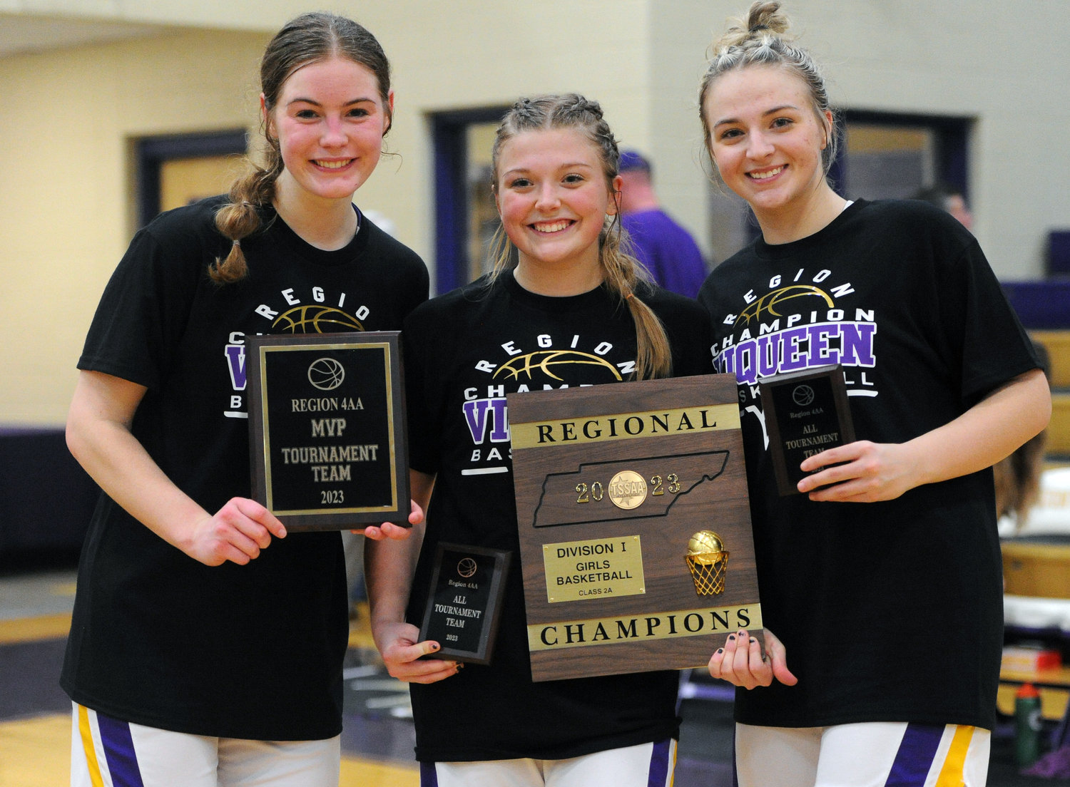 For their efforts in the Region 4-AA tournament, Zoey Dixon (middle) and Haley Michell (right) were named to the All-Region 4-AA team, while M.J. Simmons (left) was named tournament MVP.