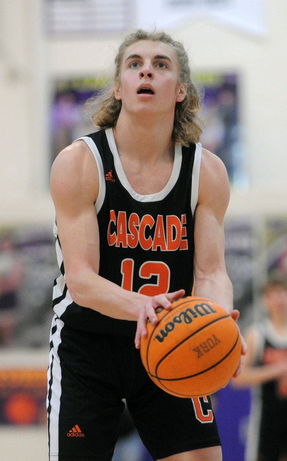 Lucas Clanton steps to the line and knocks down a free throw. He scored 17 points in his final game with Cascade and finished his career just 44 points shy of the all-time scoring record at Cascade.